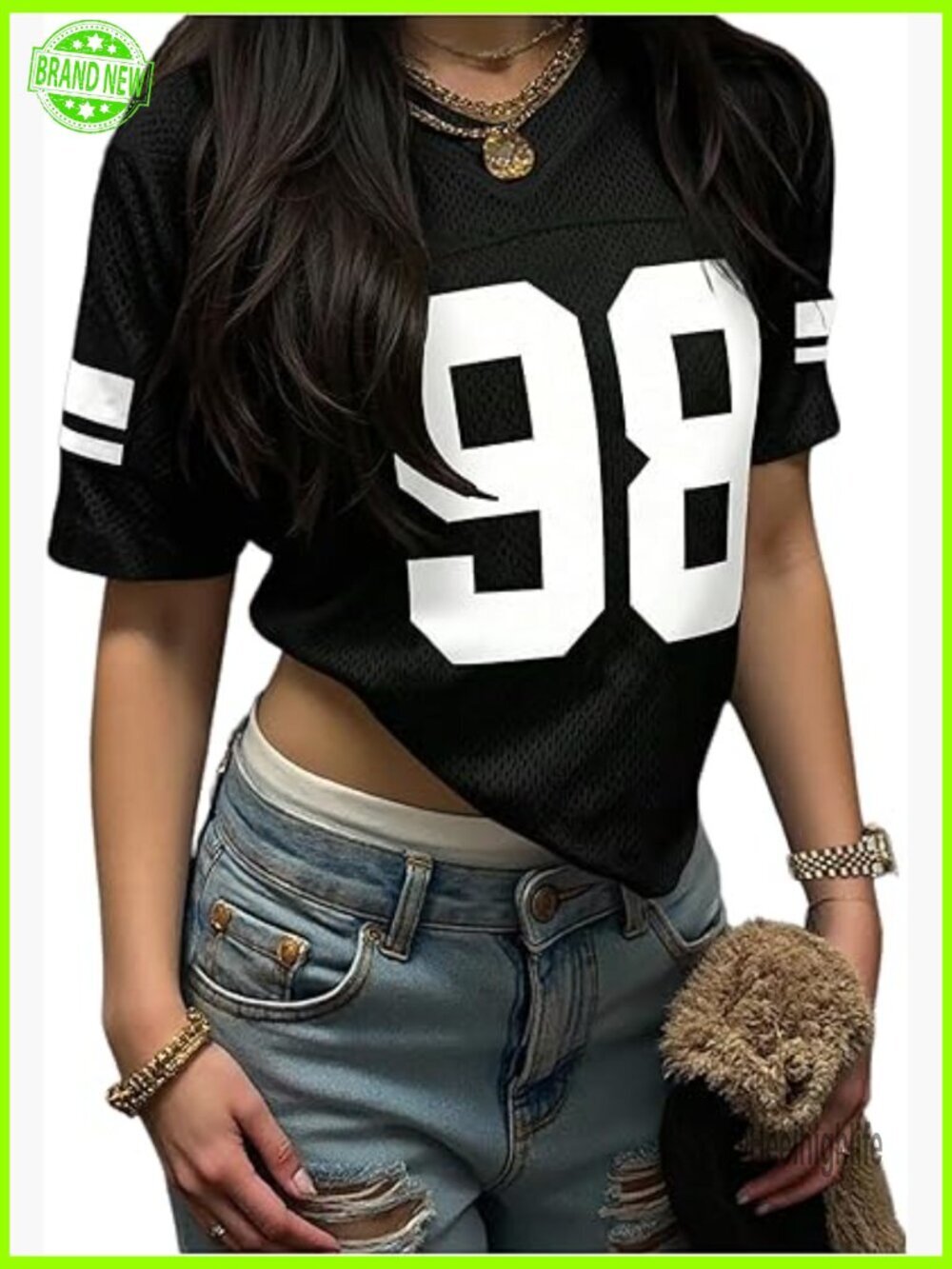 Oversized V-Neck Graphic Tee, Y2K Jersey T-Shirt, Preppy Casual Wear
